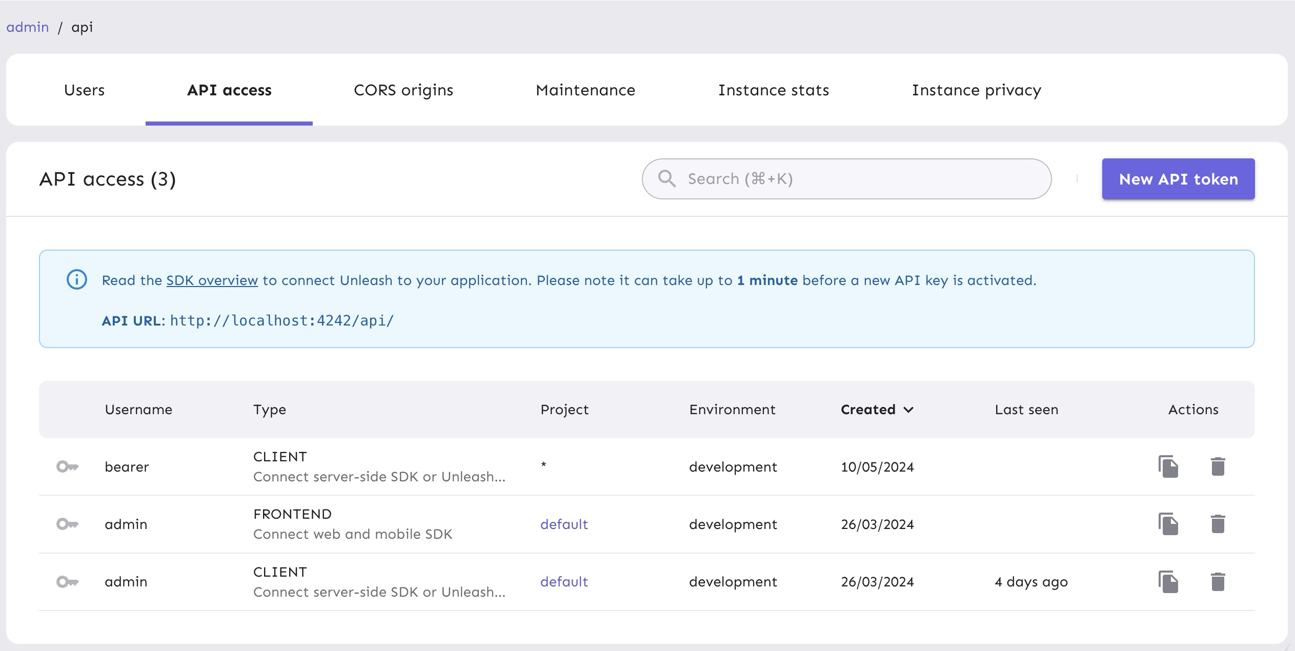 Unleash&#39;s API token list